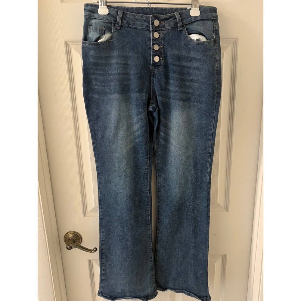 Womens Size L Blue Stretch Jeans High Rise Button Fly Straight Leg Soft Denim